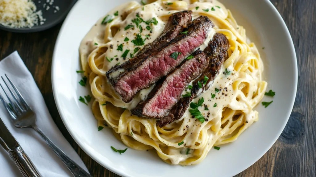 Close-up of steak Alfredo with tender steak slices on creamy fettuccine, garnished with Parmesan and parsley