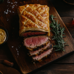 Golden-brown Beef Wellington sliced open, revealing layers of puff pastry, crepe, mushroom duxelles, and tender beef.