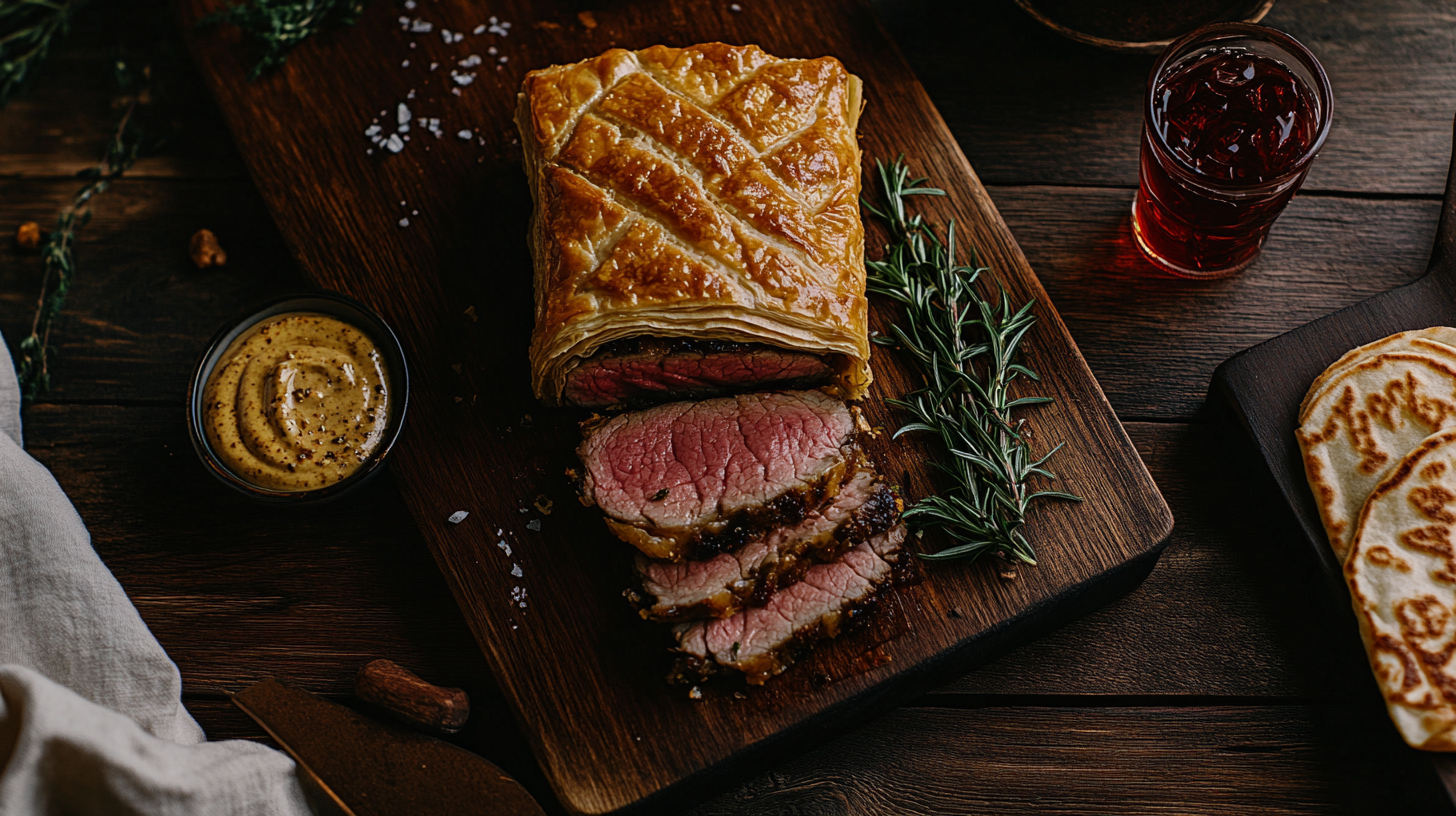 Golden-brown Beef Wellington sliced open, revealing layers of puff pastry, crepe, mushroom duxelles, and tender beef.