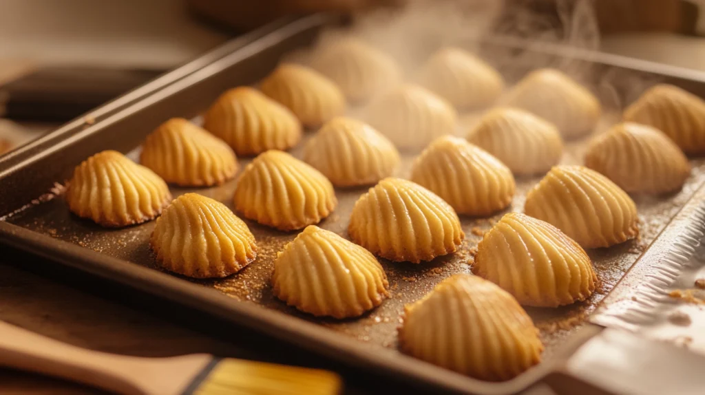 Freshly baked Madeleines in a shell-shaped pan, golden and steaming, with a pastry brush nearby.