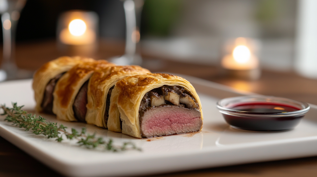 Sliced Beef Wellington Crepe Recipe with golden puff pastry, thin crepes, and tender beef, served with red wine sauce on a white platter.