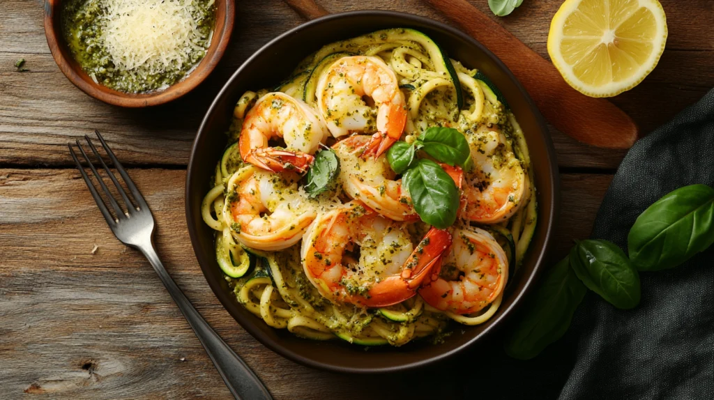 Fresh pesto langostino zucchini and pasta dish garnished with basil and parmesan