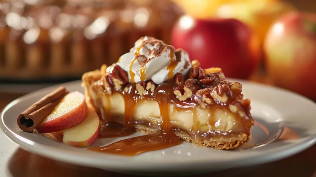 A slice of apple and pecan Danish pastry tart served with caramel drizzle and whipped cream on a white plate.