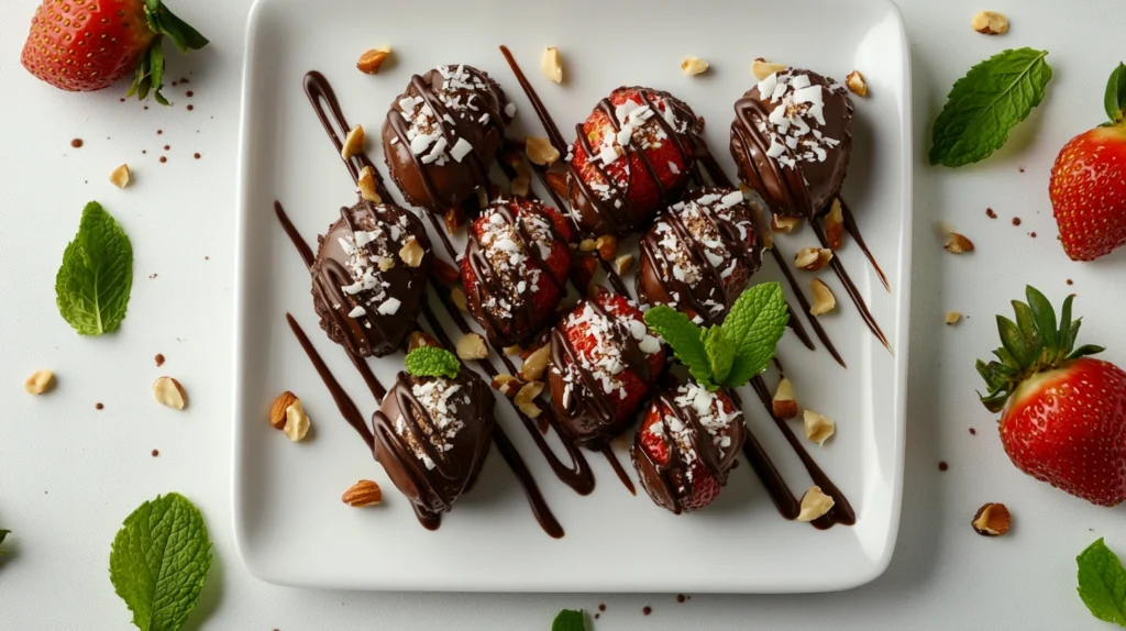 Platter of Carob Covered Strawberries Recipe with decorative toppings, styled with fresh mint and carob drizzle.