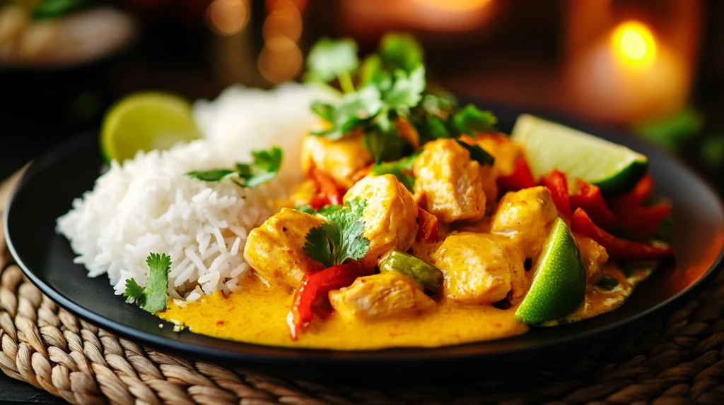 Plated Churu Chicken Amarillo with rice, roasted vegetables, and lime wedges