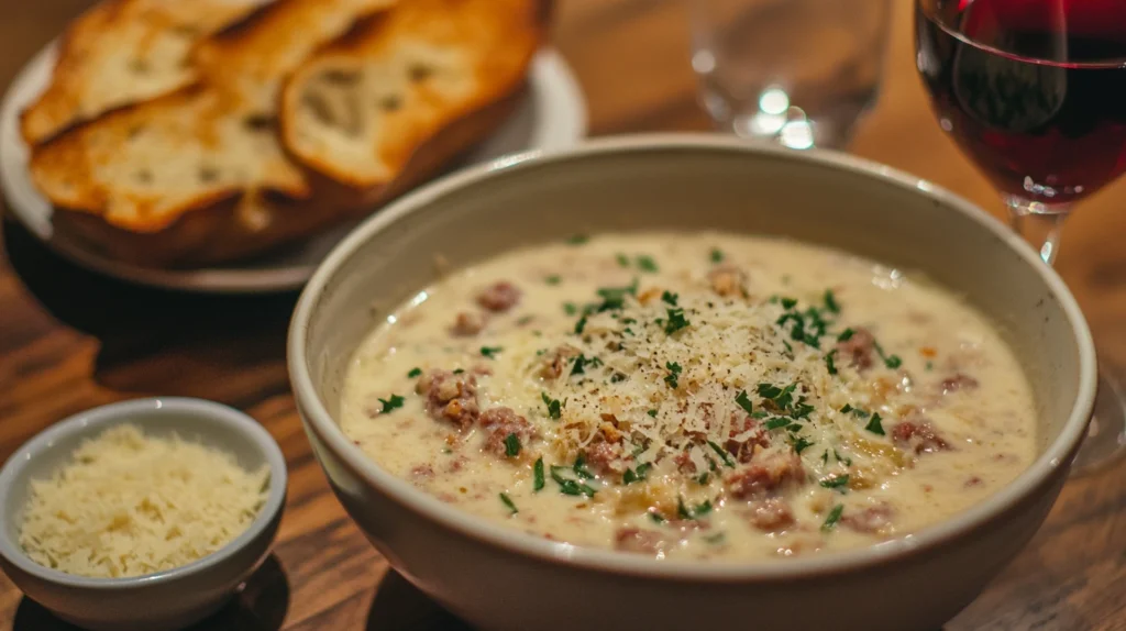 A plated bowl of creamy parmesan Italian sausage soup with bread and a glass of red wine, garnished with parmesan and parsley.