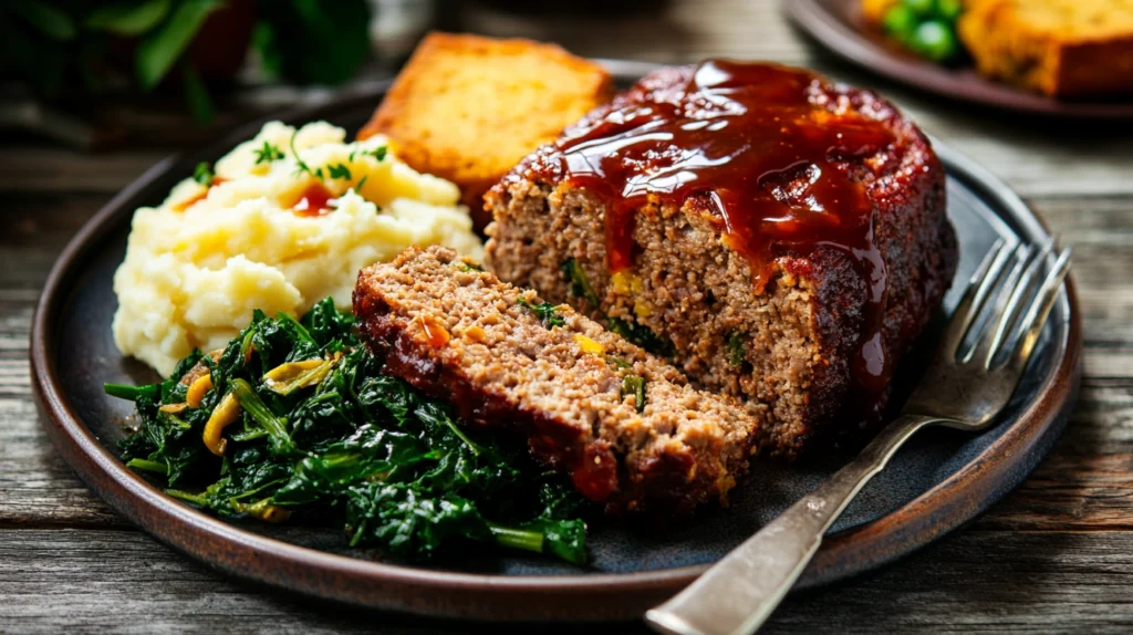 Creole meatloaf served with mashed potatoes, sautéed greens, and cornbread on a rustic dinner table.