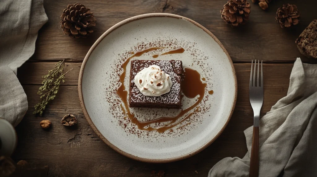 A plated heavenly hash brownie topped with whipped cream and caramel drizzle, served with a fork and napkin.