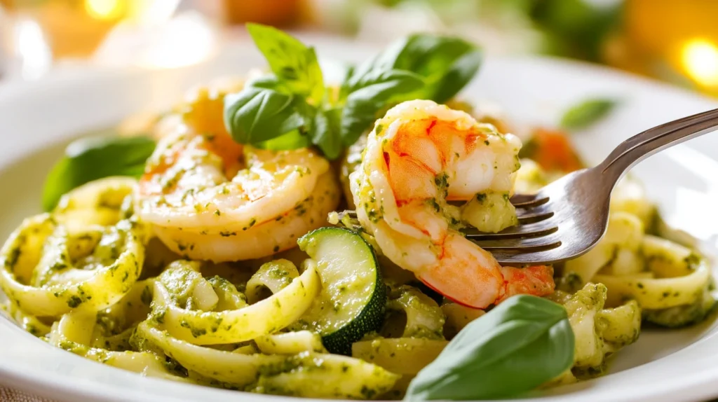 Plated Pesto Langostino Zucchini and Pasta Recipes with fresh basil and parmesan