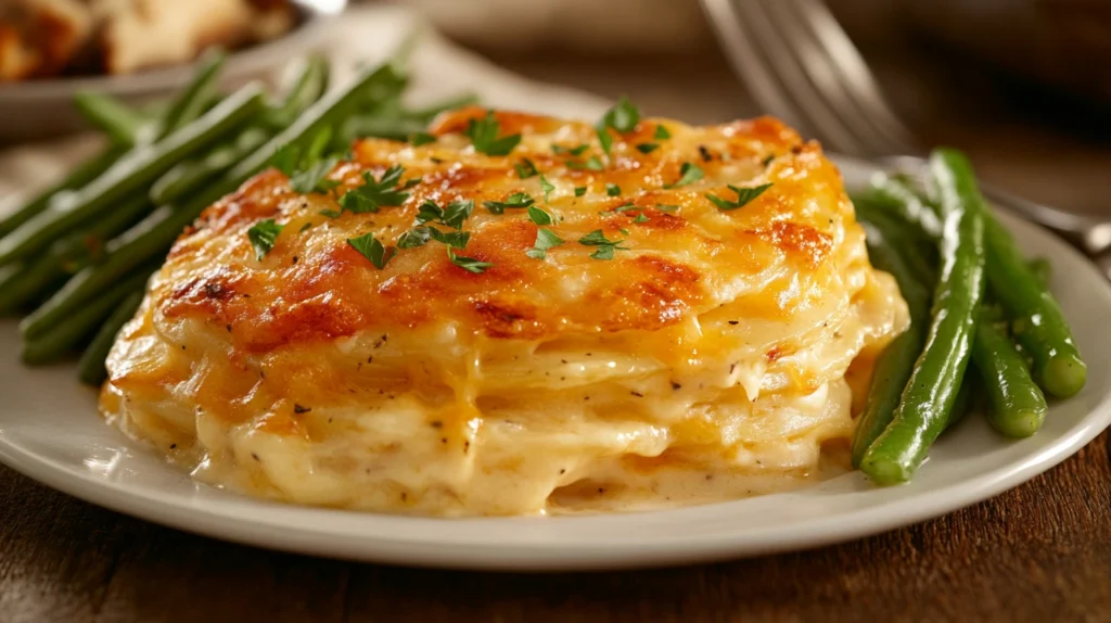 Plated scalloped potatoes with cheese powder alongside roasted chicken and green beans.