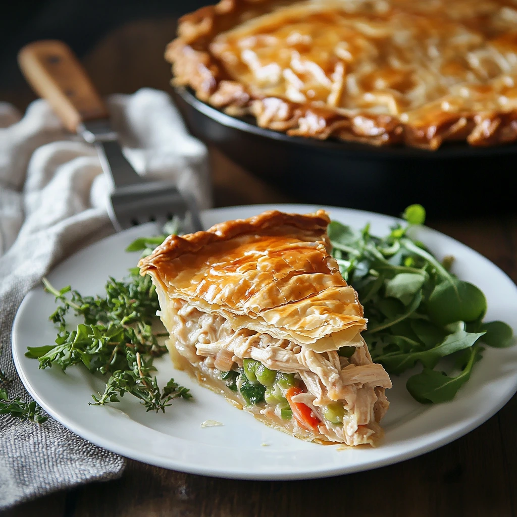 A slice of Phyllo Chicken Pot Pie with flaky crust served on a white plate with fresh greens