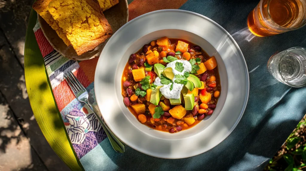 A bowl of squash and kidney bean chili garnished with cilantro and avocado, served with cornbread and iced tea.