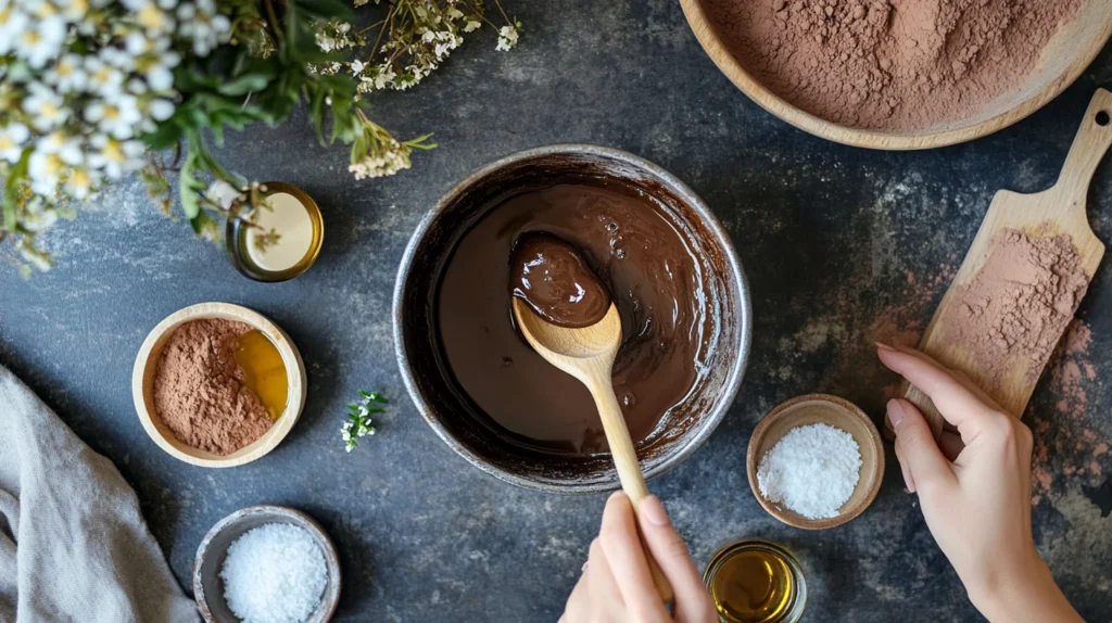 Double boiler with melted carob mixture being stirred, surrounded by natural ingredients.