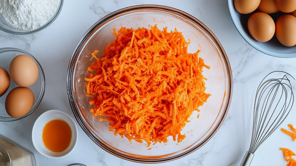 Mixing bowl with freshly grated carrots surrounded by baking ingredients like sugar, flour, and cinnamon on a kitchen counter