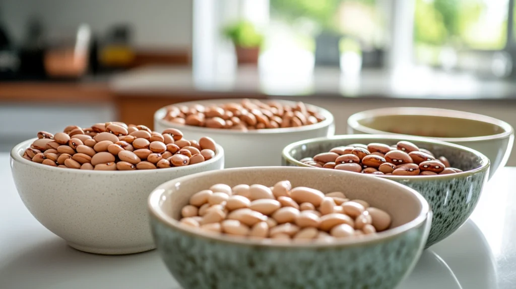 Three stages of lupini bean preparation: dry beans, soaking beans in water, and boiled beans in salted water on a kitchen counter