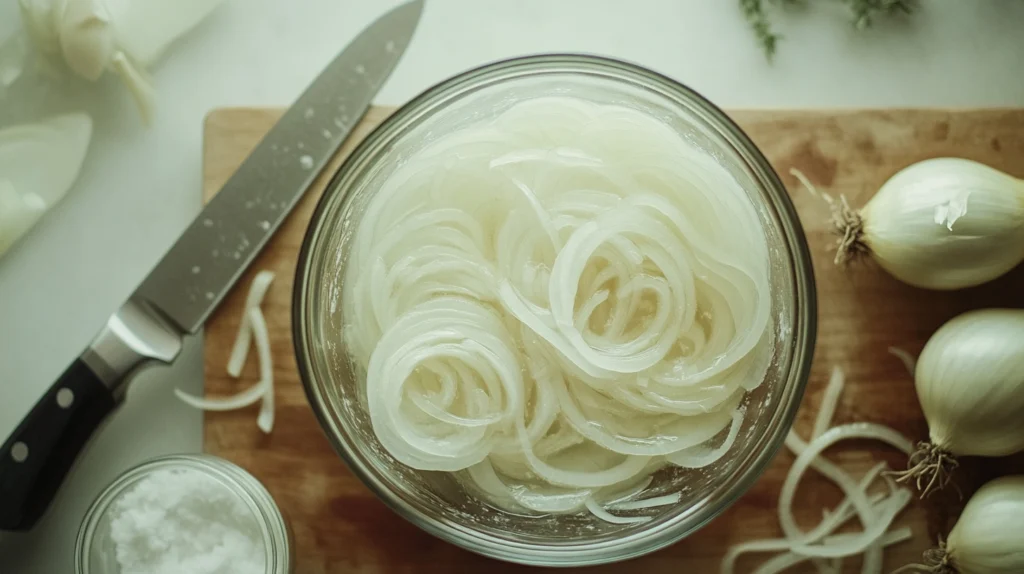 Sliced onions soaking in buttermilk with fresh onion rings and a cutting board nearby.