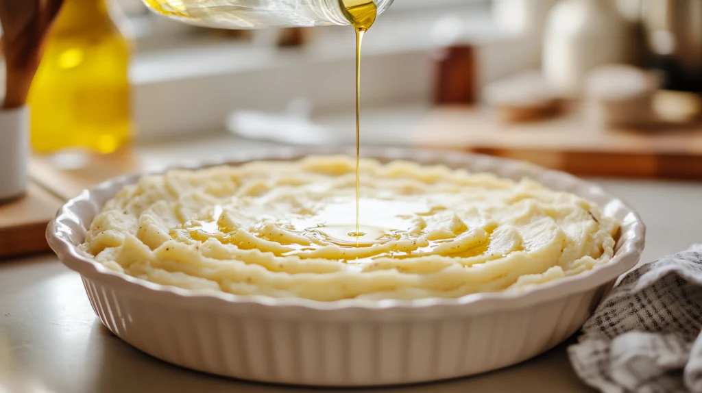 Side-angle view of a potato mixture in a pie dish being drizzled with olive oil, ready to bake for Passover.