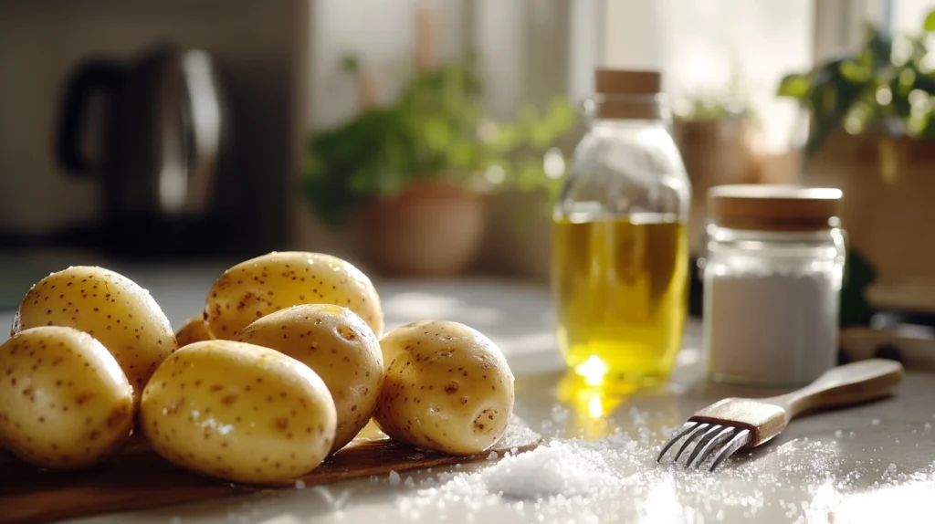 Step-by-step preparation of russet potatoes, washed, brushed with olive oil, and poked with a fork.