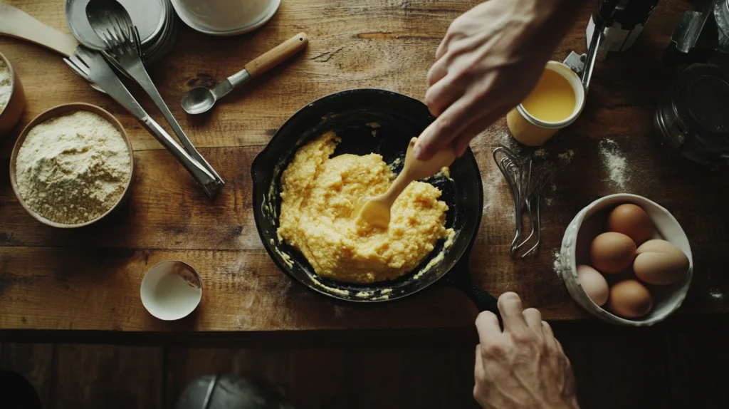 Pouring cornbread batter into a preheated cast iron skillet, surrounded by ingredients.