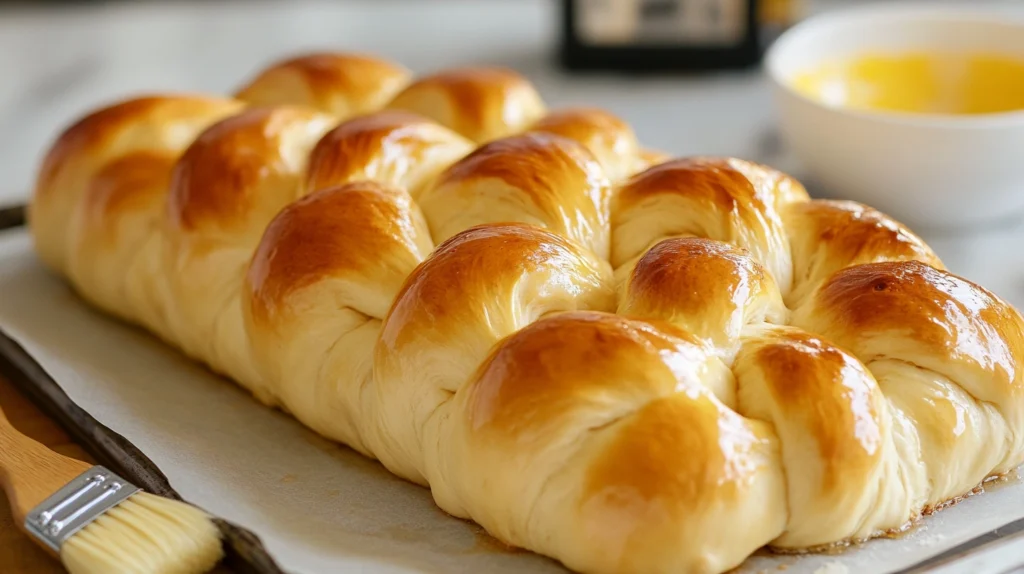 Proofed chocolate chip brioche dough, puffy and airy, resting on a parchment-lined baking sheet before baking.