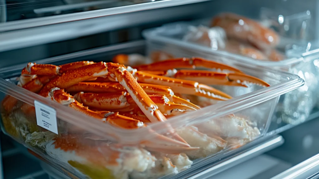 Snow crab legs stored in an airtight glass container with a labeled date inside a refrigerator.
Title: Proper Storage of Snow Crab Legs