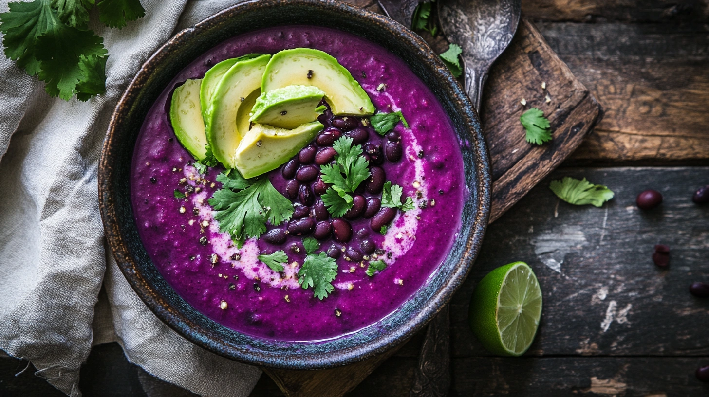 Close-up of a bowl of purple black bean soup with garnishes like avocado, cilantro, and lime on a rustic wooden table.