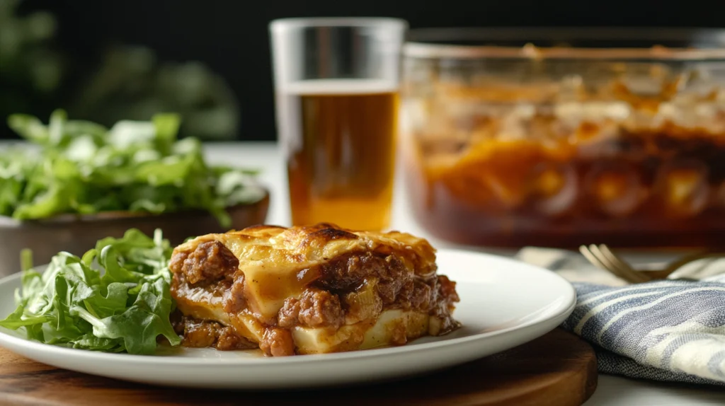 Plated serving of Rick Nolan Hotdish on a white dinner plate, paired with a crisp green salad and a glass of iced tea, with the casserole dish in the background on a wooden dining table