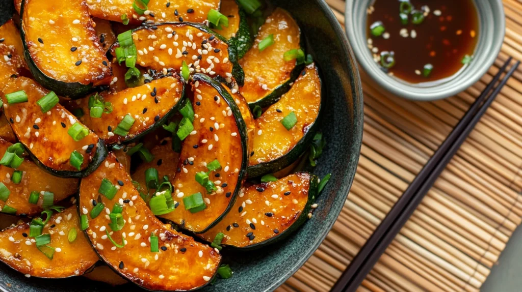 Roasted kabocha squash slices with sesame oil and scallions, served with dipping sauce and chopsticks on a bamboo mat