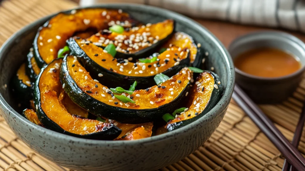 Roasted kabocha squash slices with sesame oil and scallions, served with dipping sauce and chopsticks on a bamboo mat.