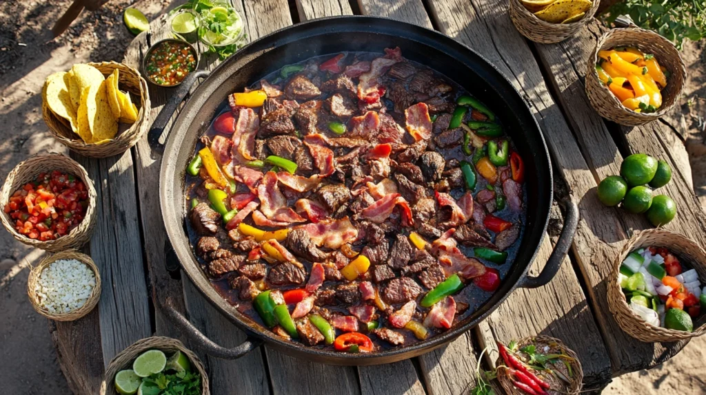 Freshly cooked discada in a plow disc with meats, veggies, and tortillas on a rustic outdoor table