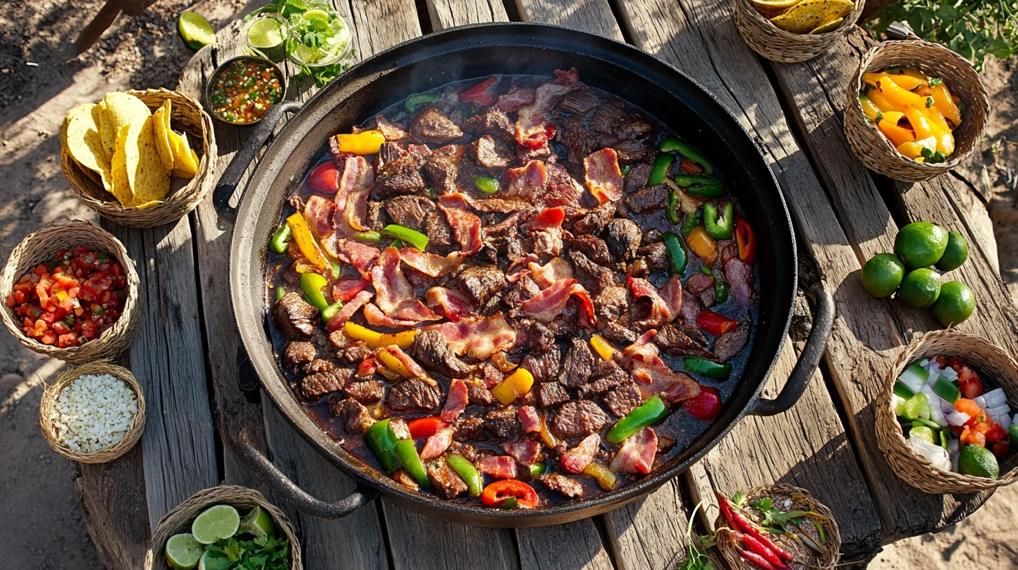 Freshly cooked discada in a plow disc with meats, veggies, and tortillas on a rustic outdoor table