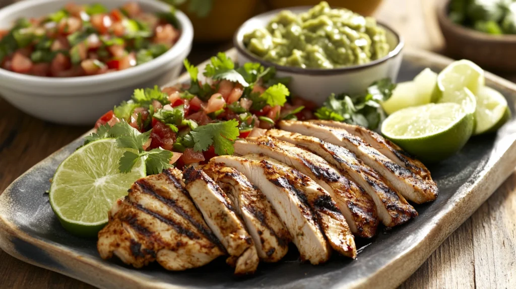 Sliced grilled chicken served with tortillas, guacamole, salsa, lime wedges, and fresh cilantro for a festive meal