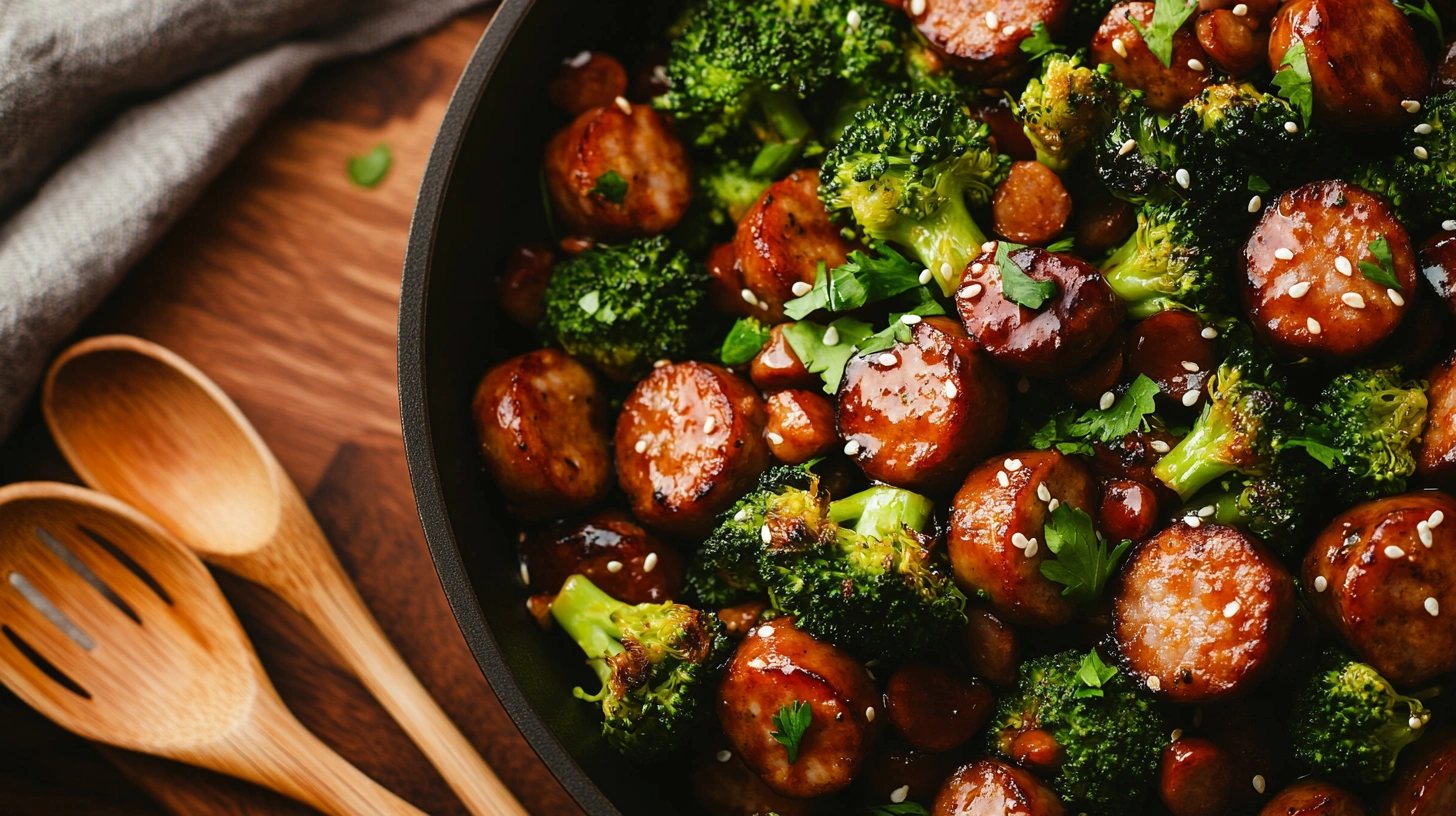 Overhead view of sausage broccoli stir-fry in a skillet with golden sausage and vibrant green broccoli