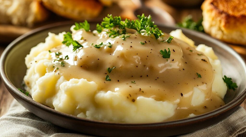 Sausage turkey fat gravy served over mashed potatoes with biscuits on the side