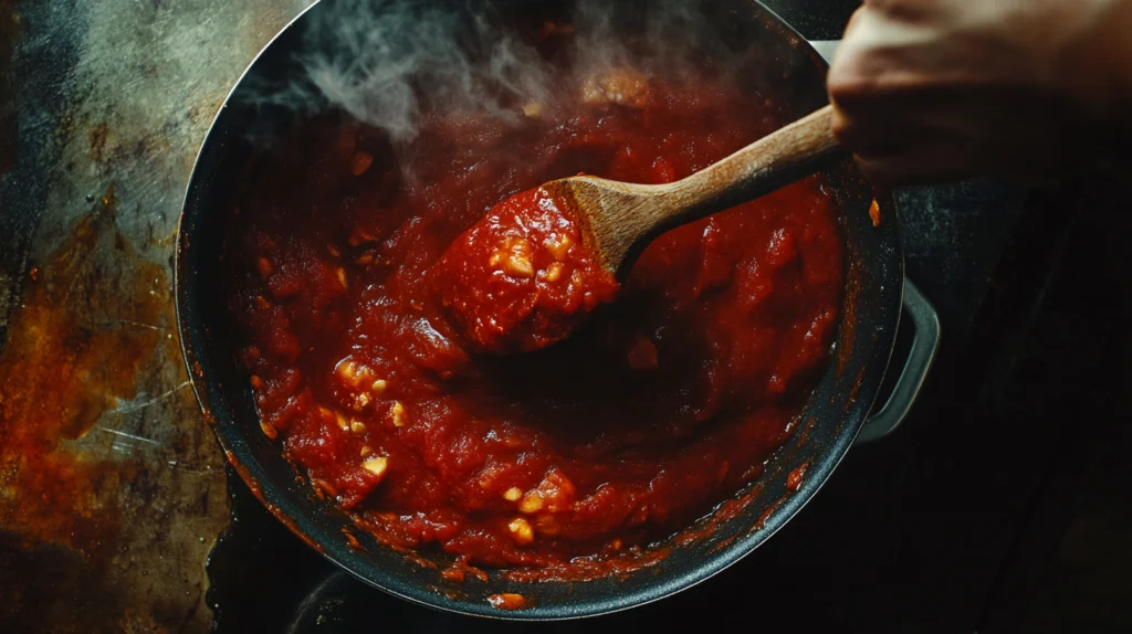 Thick and glossy pizza sauce being stirred with a wooden spoon in a saucepan.