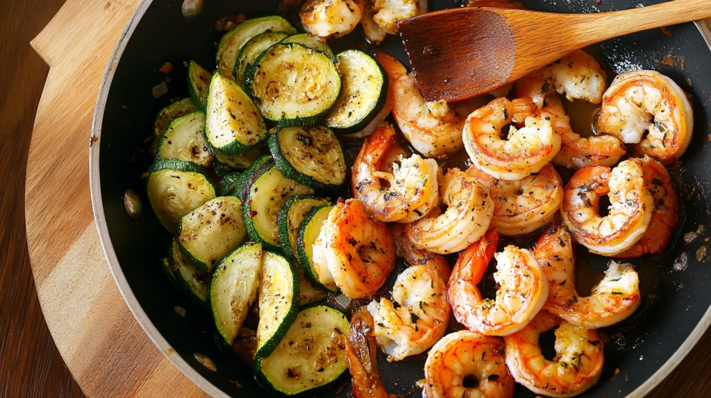 Skillet with cooked langostinos and zucchini saut\u00e9ed with garlic and olive oil