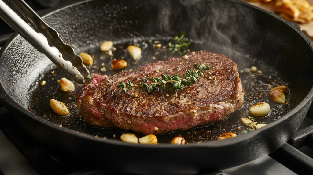 Sizzling New York strip steak in a cast-iron skillet with garlic and thyme, flipped with tongs