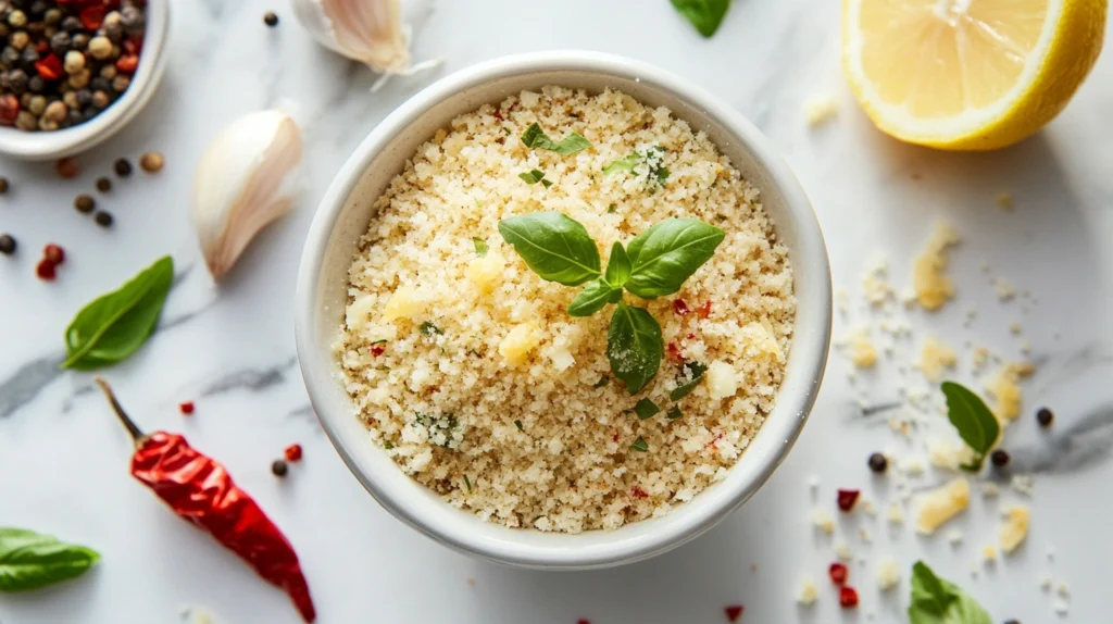 A bowl of seasoned Italian breadcrumbs with herbs, Parmesan, and lemon zest, surrounded by fresh ingredients.