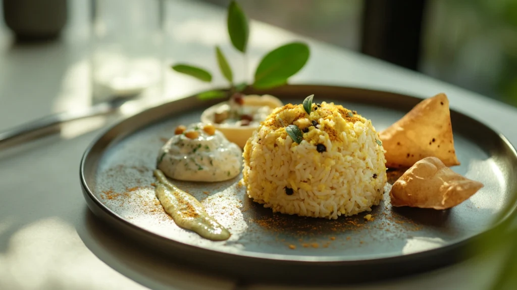 A serving of Anjappar egg fried rice on a ceramic plate with raita and crispy papadums on the side.