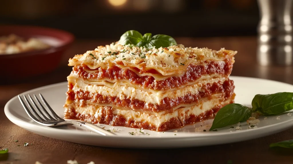 A close-up of a single slice of lasagna on a white plate, showing layered noodles, sauce, and cheese, with fresh basil.