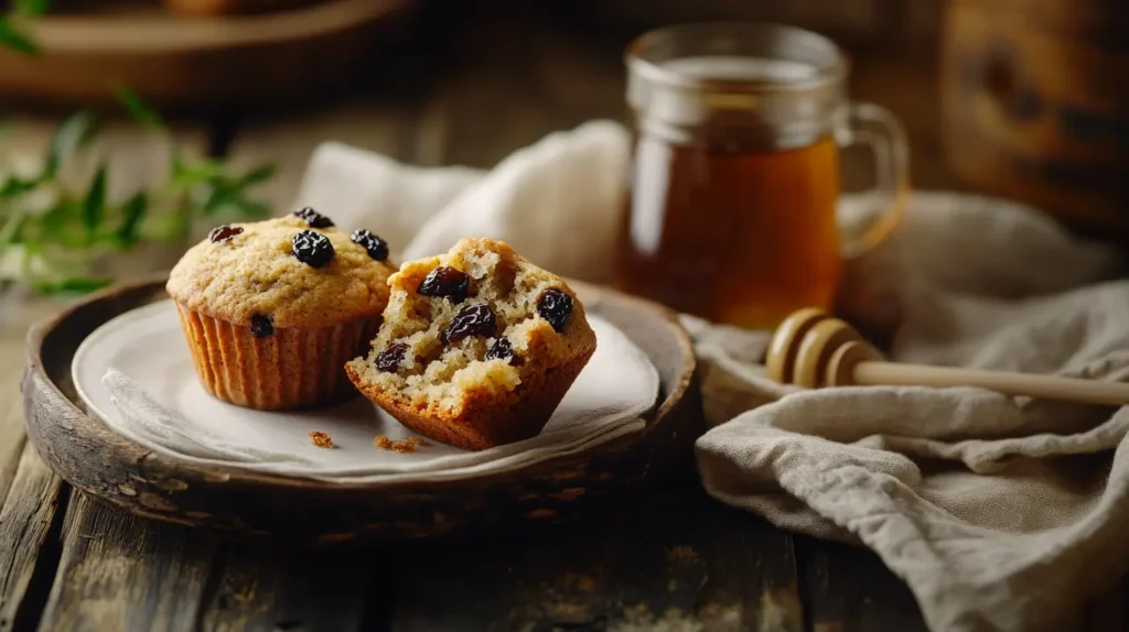 GAPS Raisin Muffins Recipe on a plate with a cup of herbal tea, showcasing the fluffy texture and visible raisins.