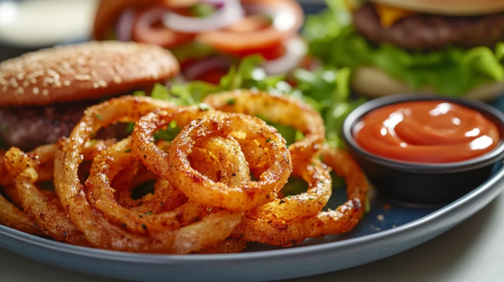 A plate of crispy onion French fries with dipping sauces, served alongside burgers and salad.