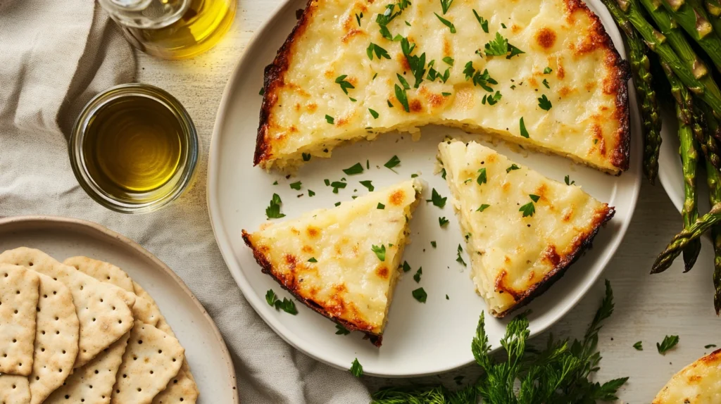 Slices of Passover Potato Pie served on white plates with parsley garnish, paired with matzo crackers and roasted asparagus.