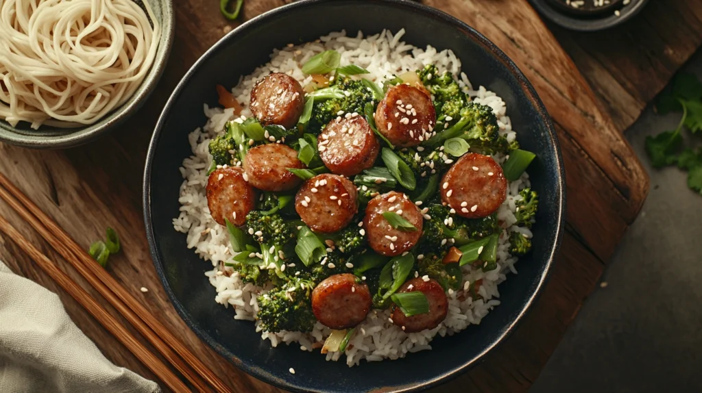 Plate of sausage broccoli stir-fry served over jasmine rice with sesame seeds and green onion garnish.