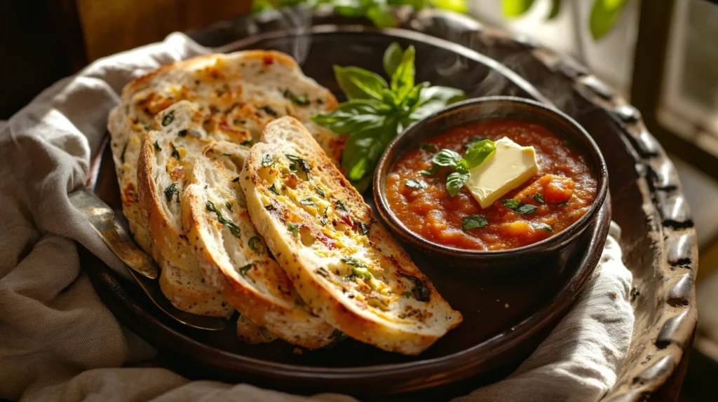 Toasted slices of Vegan Jalapeño Cheese Artisan Bread Recipe served with tomato basil soup and vegan butter.
