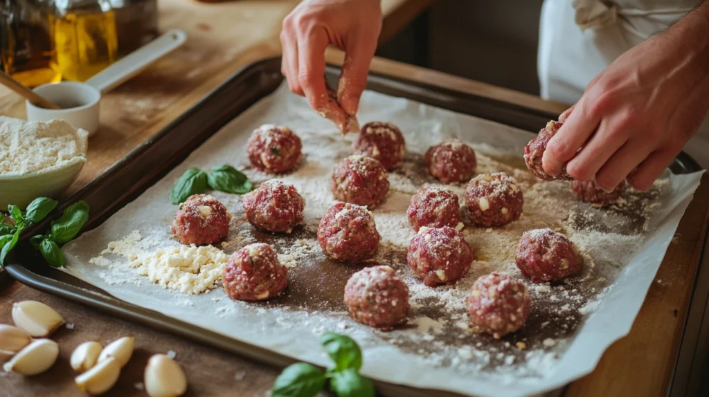 Hands shaping meatballs on a baking sheet with fresh ingredients nearby.