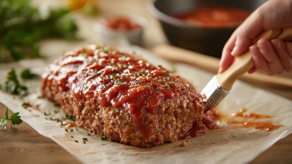 Hands shaping seasoned meatloaf on parchment paper, with Creole spices and glaze nearby.