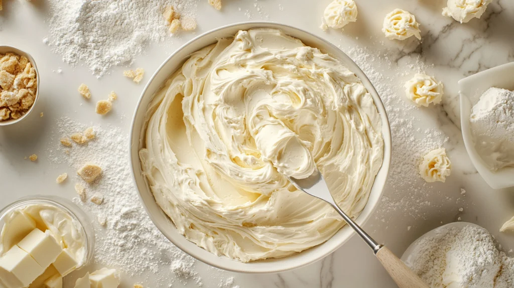 Silky cream cheese frosting being mixed in a bowl, surrounded by powdered sugar, cream cheese, and butter on a marble counter.