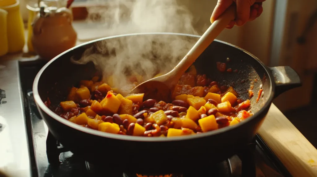 A pot of simmering squash and kidney bean chili being stirred with a wooden spoon, with steam rising.