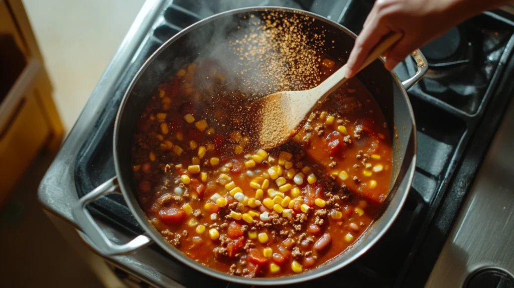 A large pot of Taco Soup Frios simmering with beans, corn, diced tomatoes, and ground beef being stirred with a wooden spoon.